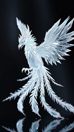 Miniature ice phoenix, feathers of translucent frost shards refracting cold light