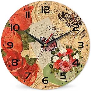 Vintage Rose and Butterfly Wall Clock, Contemporary Home Decor Easy to Read Wall Clock for Living Room, Bedroom, Bathroom and Kitchen, 10 Inch