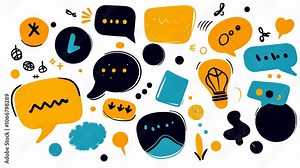 A vibrant collection of speech bubbles and icons representing communication and ideas. Full HD or 4K Footage Video Animation