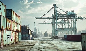 Industrial Shipping Port with Stacked Cargo Containers with ai generated.