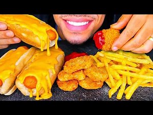 ASMR EATING CHEESE HOT DOGS CRISPY CHICKEN NUGGETS AND FRENCH FRIES JERRY NO TALKING MUKBANG