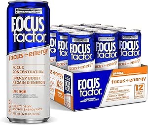 Focus Factor Energy Drink - 12 x 355ml Cans (Orange Flavour) - with Focus + Energy - Lightly Carbonated, Sugar Free, Low Calorie with Vitamins B6 & B12