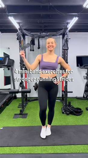 Kaylee Kuzma, PT, DPT on Instagram: "✨4 mini band exercises for stronger running strides✨ 1. Half moons: strengthens the glutes, improves single leg stability & foot/ankle strength. 2. Banded march with static overhead hold: works on hip flexor strength, single leg balance/stability, and core stability. 3. Banded single leg RDL to knee drive: improves single leg stability, glute & hamstring strength 4. Banded lateral lunge: builds glute med and hip adductor strength. Try 3 sets of 10-12 reps of