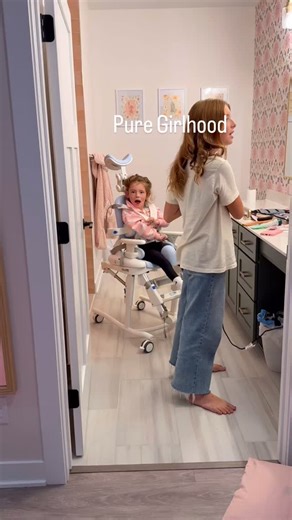 Mindy on Instagram: "Just two girls jamming in the bathroom, getting ready for the day. If this isn’t the definition of girlhood, I don’t know what is 💕 #girlhood #girls #sisters #kidsofinstgram #cerebralpalsy #inclusion #disabled #family #adaptive #adaptivelife #inclusionmatters #bathroominspo #bathroomsofinstagram"