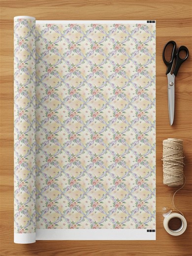 Elegant Watercolor Rose Lattice Wrapping Paper, Shabby Chic Floral Gift Wrap, Pastel Pink Rose Ribbons, Vintage Garden Aesthetic, Delicate - Etsy