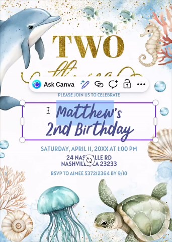 TWO the Sea Birthday Invitation, Ocean Themed Animals Birthday Invitation, Canva Editable Under the Sea Kids 2nd Birthday Invite C128 - Etsy