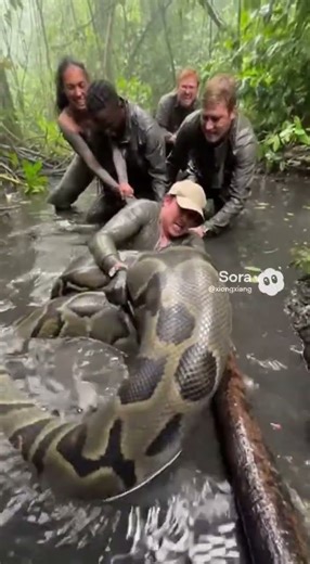 Encountered a “giant python” in the rainforest?! Group struggles to control it 😱 #FunnyVideo
