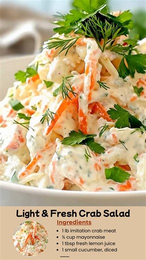 Light & Fresh Crab Salad Fresh, creamy, and full of flavor — this Light & Fresh Crab Salad is the perfect dish to keep things simple yet satisfying! Ingredients: 1 lb imitation crab meat (or real crab, shredded) ½ cup mayonnaise (or light mayo/Greek yogurt for a healthier option) 1 tbsp fresh lemon juice 1 small cucumber, diced 2 celery stalks, finely chopped ¼ red onion, finely diced 2 tbsp fresh dill or parsley, chopped Salt & pepper, to taste Optional: 1 tsp Old Bay seasoning for an extra kic