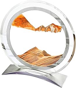 Moving Sand Art Picture in Motion, Round Glass 3D Deep Sea Sandscapes with Display Flowing Sand Frame for Relaxing Desktop Home Office Work Décor for Kids Adults (Orange)