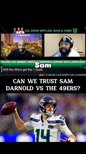 R2L Network on Instagram: "Can Sam Darnold really be trusted in a big-time matchup vs the 49ers? 🤔 Let’s talk about it. Tune in to Refuse 2 Lose Sports on YouTube with @joeneverlose @davesdawghouse_ @mojotm0 every Tuesday and Friday @ 7pm ET! . . . . . #NFLTalk #49ersNation #SamDarnold #SportsDebate #Refuse2LoseSports"