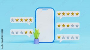 Online app review. 3d smart phone with rating stars choice, Feedback and rating, Thumb up, stars line, like icons. mobile app, UI, UX, 3D animation