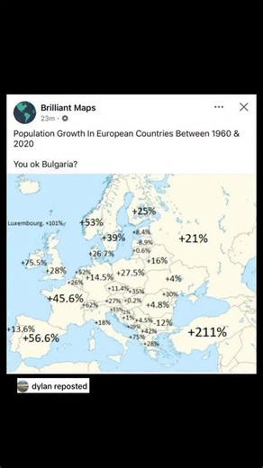 Bulgaria on Instagram: "Are we cooked? Follow @Bulgaria 🎥 FB: BrilliantMaps Bulgaria’s population has been shrinking for decades due to low birth rates and large emigration abroad. Recent data show emigration of Bulgarian citizens to OECD countries decreased in 2023, indicating fewer people leaving than before. Yet despite this, mass protests in December forced the corrupt government to resign, and growing instability abroad is pushing more Bulgarians to return and rebuild at home. What do you
