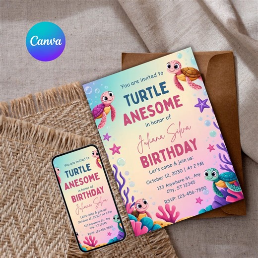 Editable Minimalist Turtle Birthday Invitation |ocean Theme Kids Party Invite | Turtle Awesome Birthday | Printable Invite |instant Download - Etsy