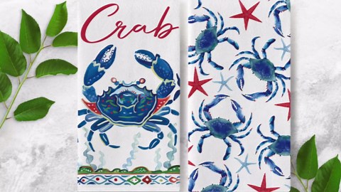 Beach Coastal Crab Kitchen Dish Towels Set of 2, Ocean Marine Life Starfish Drying Hand Towel Baking Cooking Cloth, Nautical Sea Creature Seaweed Bathroom Home Decoration 18'' x 26''