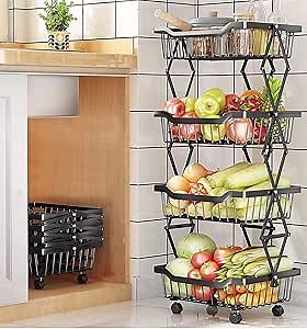 Metal Storage Baskets on Wheels Foldable Vegetables Fruits Baskets Cart Kitchen Storage Cart for Snack,Pantry,Living Room,Bedroom(4 Tiers)