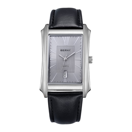 BERNY Men's Leather Watch, Vintage Stainless Steel Rectangular Case Roman Dial Dress Analog Watch with Date Calendar, Waterproof, Classic Business Quartz Wrist Watches for Men (Gray)