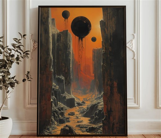 Dystopian Alien Canyon Wall Art - Surreal Sci Fi Landscape Print - Dark Futuristic Planet Poster - Minimal Cosmic Decor - Etsy