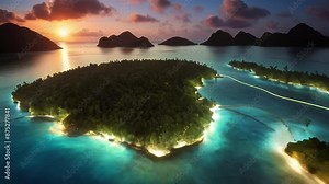 Aerial tilt from the ocean to a stunning sunset at Las Cabanas Beach. The tropical landscape features rocky islands on the horizon and scattered clouds against a colorful sky.
