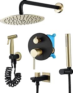 Shower Faucet Set Black and Brushed Gold Rainfall Shower System Wall Mounted Shower Complete Combo Set with 10 Inch Rainfall Shower Head, Handheld Shower Head, Tub Spout, Bidet Sprayer