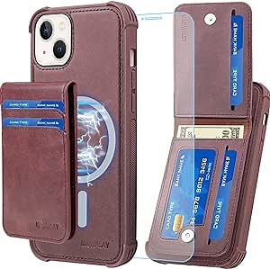 MONASAY Magwallet Case for iPhone 14 Plus,[Glass Screen Protector][Support Wireless Charging] Flip Magnetic Leather Wallet Phone Cover with Detachable RFID Blocking Card Holder Burgundy