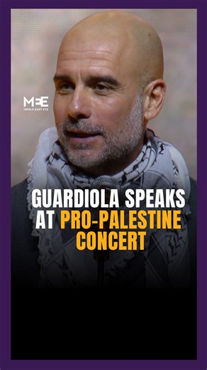 Middle East Eye on Instagram: "Pep Guardiola, the manager of Manchester City football club, participated and spoke at a fundraiser concert for Palestine in Barcelona, Spain, donning a Palestinian keffiyeh in front of a vast public. At the ACTXPALESTINE event, dozens of artists and notable personalities gathered to “promote a collective response aimed at reconstruction, humanitarian assistance, and ending impunity, apartheid and occupation”. “When I see a child over the past two years, filming hi