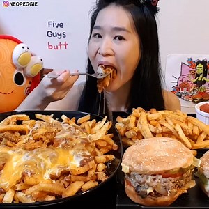Eating Five Guys! Enjoying their Double Cheeseburger, Cajun Fries and made some Chili Cheese Fries! My Merch Store: https://teespring.com/stores/peggie-neo #mukbang #fiveguys #recipe | Peggie Neo