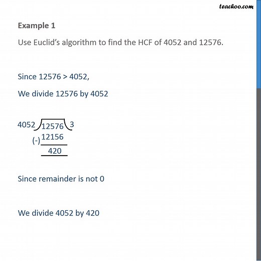 Question 1 - Use Euclid’s algorithm to find HCF of 4052 - Examples