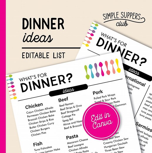 Editable Dinner Ideas List: Family Meal Planner Canva Template (PDF) - Etsy