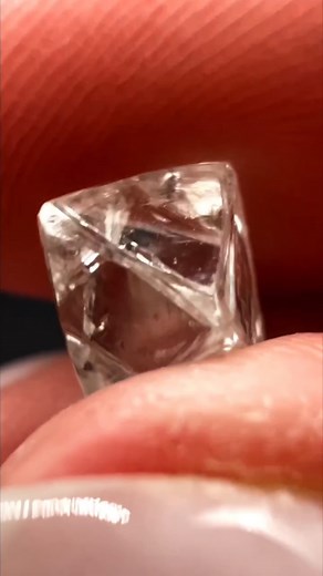 Check out the trigons on this 3.30-carat diamond crystal! 💎📐 Trigons are triangular etch marks that form when a diamond crystal is partially dissolved by magma or chemicals while in the mantle or during transport to Earth’s surface. The dissolution happens in a triangular shape because it is controlled by the underlying crystal structure of the diamond. The process isn’t intense enough to remove all carbon atoms, only those with the weakest bonds. Trigons reflect the surviving atoms clinging t