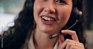 Hands, headset and talking in call center, mic and contact us for trading, advice or info at night. Woman, consultant or agent at global help desk with face, tech support and customer care in office
