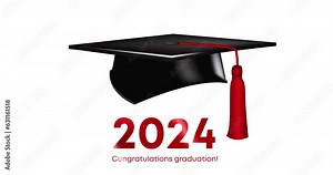 Congratulations graduation. Class of 2024. Graduation cap and confetti and balloons. 4k animation