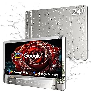 SYLVOX 24 inch Bathroom TV, 1080P Mirror Television with Google OS NTSC & ATSC Tuner WiFi Bluetooth Voice Remote, IP66 Waterproof Magic TV for Bathroom Bathtub Hotel Shower Spa (Wall Mount)