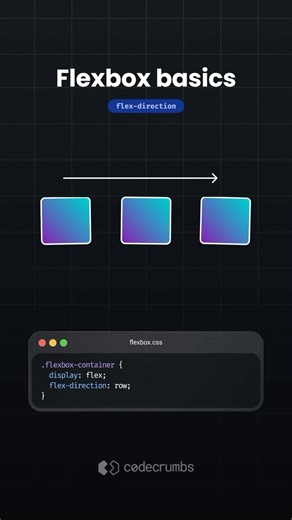 HopeUI | Programming | Tech | UIUX on Instagram: "Go back to basics with this flexbox tutorial where we cover some of the flex-direction and justify-content properties Do you use flexbox? ================== @thecodecrumbs www.codecrumbs.com ================== . . Post By @thecodecrumbs . . #css #flexbox #coding #frontend #webdeveloper #learncss #cssgrid #tailwind #webdev #webdevelopment"