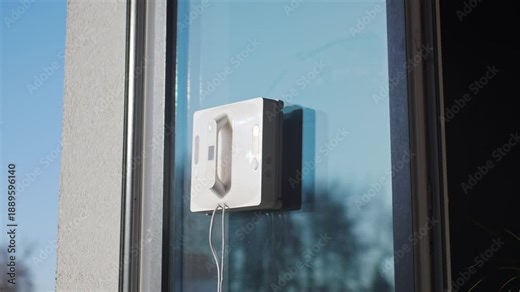 Close up of automatic window cleaning robot. Robotic window cleaner washing glass at home. Concept of smart home appliances