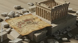 Miniature Model The Parthenon With Scattered Marble Fragments And Aged Parchment Map Ancient Athens
