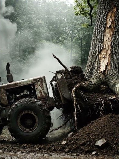 captures a high-stakes, manual tree-felling operation in a rural, mountainous setting. #máy