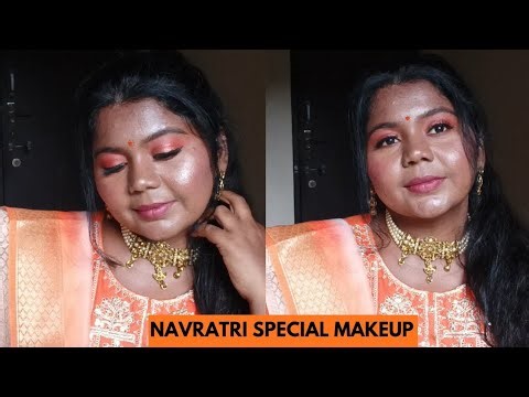Navratri special orange colour inspired makeup/ sparkle eyes / glowy base