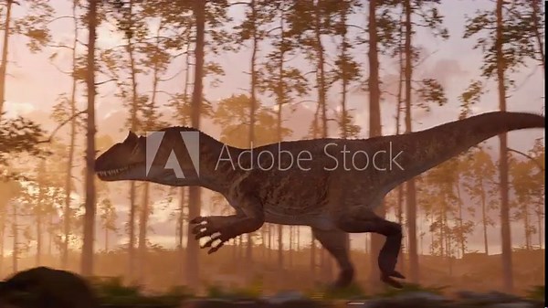 4K 11-second 3d animation of a powerful Allosaurus running through a prehistoric forest at the dusk. Realistic reconstruction of the predator's movement in its natural ancient habitat
