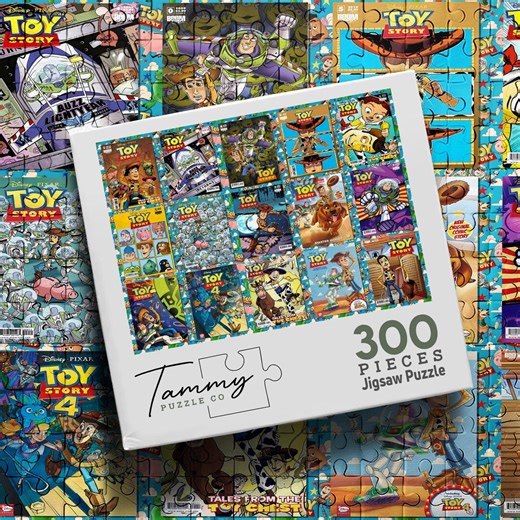 Retro Toy Story Puzzle – Pixar Character Collage Jigsaw – Woody Buzz Vintage Comic Cover Collage, Fun Gift for Fans
