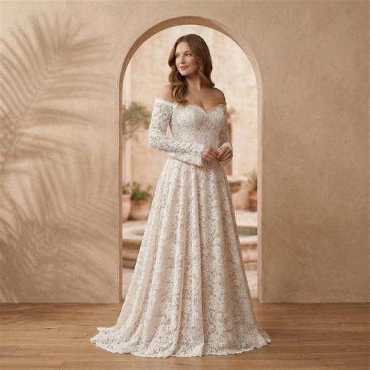 Boho Wedding Dress With V-neck, Long Lace Sleeves, A-line Rustic Bridal Gown for Garden or Formal Event - Etsy