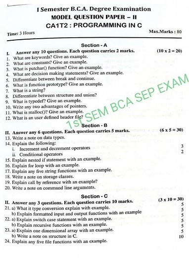 BCA 1st Semester | C ProgrammingModel Question Papers | SEP Syllabus | BNU|