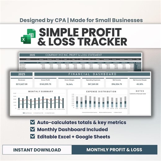 Simple Profit and Loss Template (P&L) | Monthly Income Statement Spreadsheet for Excel and Google Sheets | Business Finance Tracker - Etsy