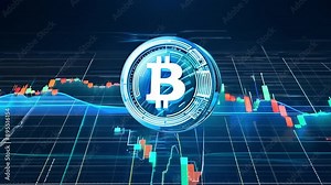 digitally generated animation of bitcoin with candlestick chart in front of glowing wire-frame grid.