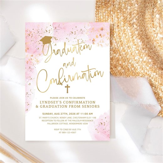 Girls Graduation Confirmation Invitation Editable Template: Pastel Pink and Gold Printable P364 - Etsy