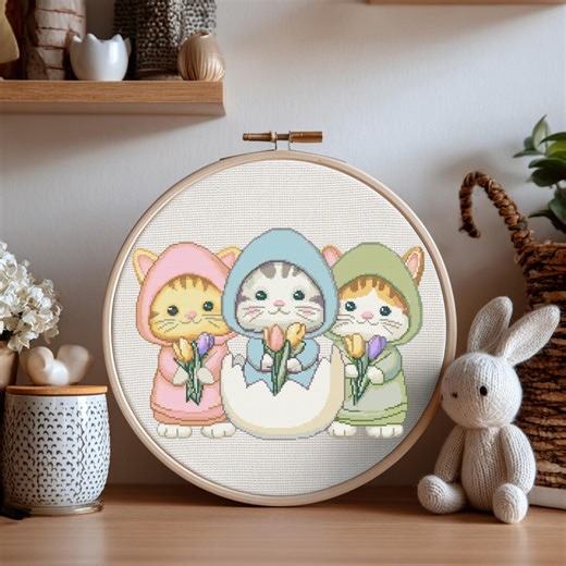 Cats Cross Stitch Pattern Instant PDF Download - Easter Cats Watercolor Cross Stitch Hand Embroidery Kittens in Eggs Pattern - Etsy