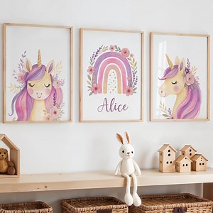 Purple Unicorn Nursery Prints, Unicorn Girls Bedroom Decor, Unicorn Wall Art, Purple Rainbow Print, Rainbow Nursery Decor, Unicorn Print Set - Etsy