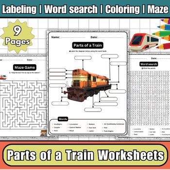 Parts of a Train-Train Labeling Diagram Worksheets,Wordsearch,Coloring Page,Maze