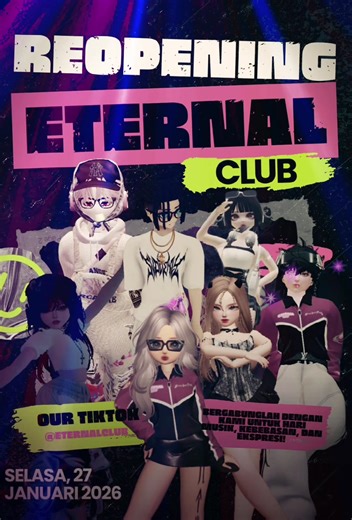 🌊🔥 REOPENING UPDATE🔥🌊 ✨ ETERNAL CLUB – BEACH CLUB ✨ FOR EVERYONE Rasakan sensasi party tanpa batas waktu ! ETERNAL CLUB hadir dengan nuansa lebih elegan ,sky night , ocean vibes, dan party malam yang tak terlupakan 🌌🎶 📅 Tanggal: 27 Januari 2026 ⏰ Waktu: 20.00 WIB 📍 Lokasi: Roblox – ETERNAL CLUB | Beach Club Map 🔗 Game Link: https://www.roblox.com/share?code=3038b0e54e32774c991ed015fe92e733&type=ExperienceDetails&stamp=1766057036103 🎧 Event Highlights: 🌴 DJ Live Beach Party 🌴 Chill & 
