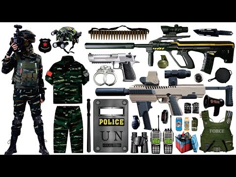 Unboxing mystery toy box, AUG assault rifle, Colt 1911 carbine, RPG rocket launcher, grenade