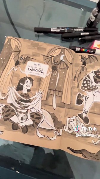 Inktober day 2: weave. the girls are just helping Poppy with her mummy wraps. #inktober2025 #inktober #artist #inkdrawing